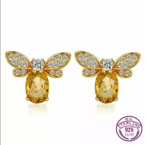 Dainty Bee Stud Gold Earrings with Citrine stones - Picture 1 of 4